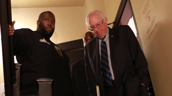 Sen. Bernie Sanders with rapper Killer Mike after Mike's endorsement at an Atlanta rally, November 23, 2015.