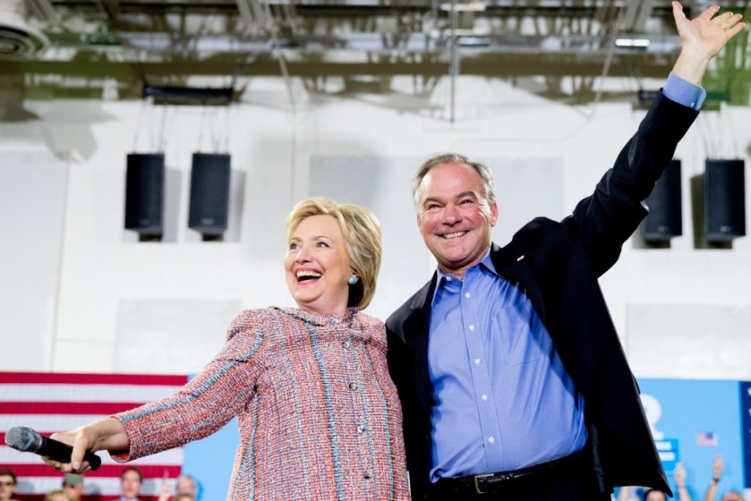 Democratic presidential candidate Hillary Clinton and Sen. Tim Kaine, D-Va CREDIT: AP Photo/Andrew Harnik